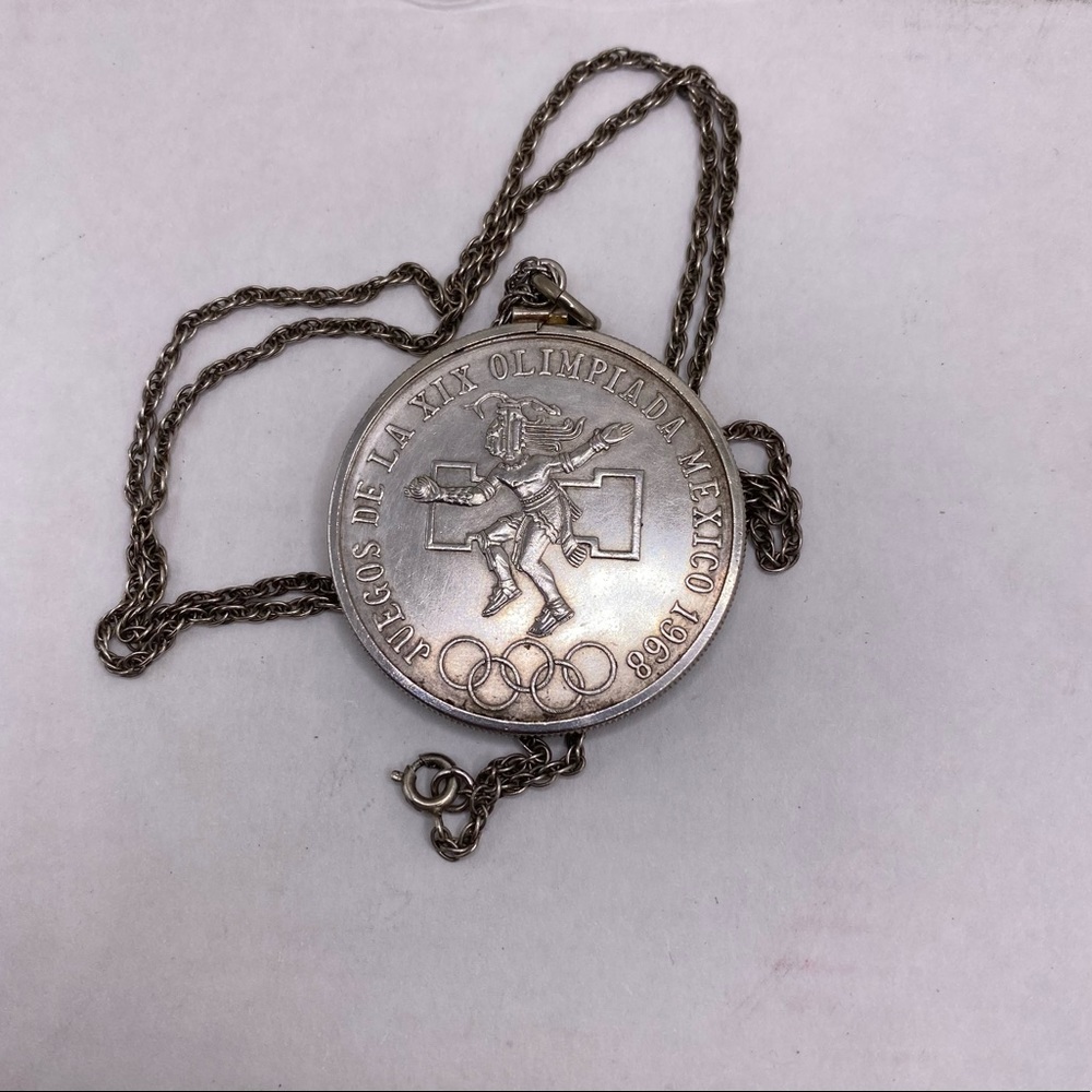 1968 Vintage Sterling Necklace Mexican Olympics 25 Peso Coin in Wrap 24” Chain - Picture 3 of 14